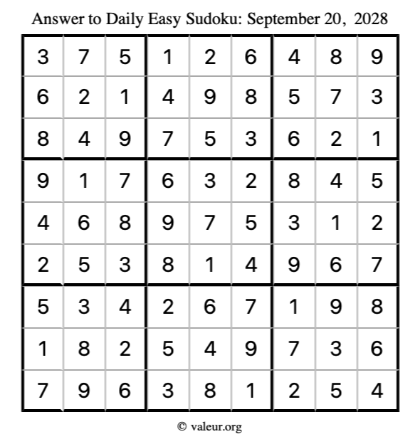 Answer to easy sudoku September 20, 2028