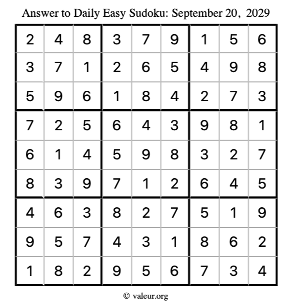 Answer to easy sudoku September 20, 2029