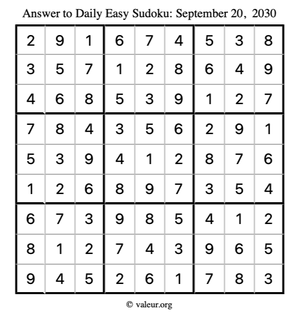 Answer to easy sudoku September 20, 2030