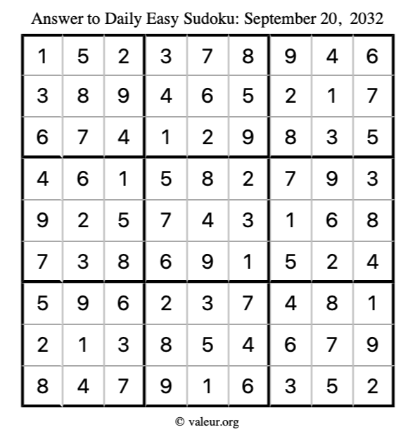 Answer to easy sudoku September 20, 2032