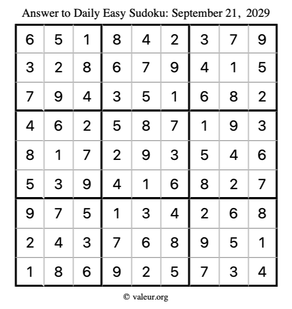 Answer to easy sudoku September 21, 2029