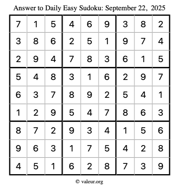 Answer to easy sudoku September 22, 2025