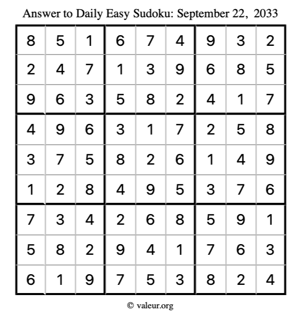 Answer to easy sudoku September 22, 2033