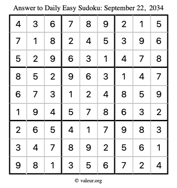 Answer to easy sudoku September 22, 2034
