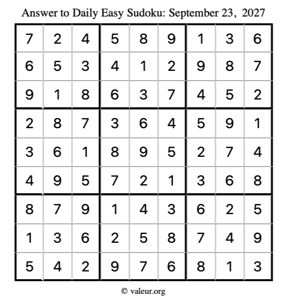 Answer to easy sudoku September 23, 2027