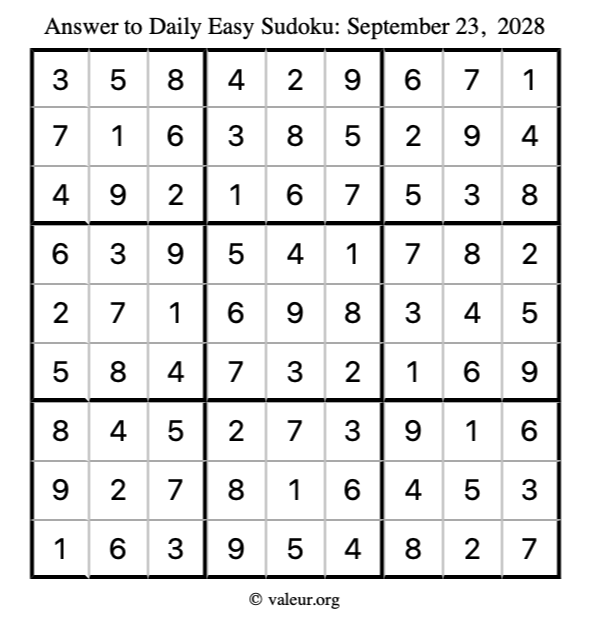 Answer to easy sudoku September 23, 2028