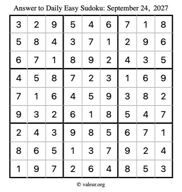 Answer to easy sudoku September 24, 2027