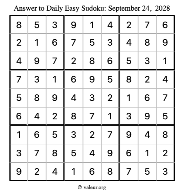 Answer to easy sudoku September 24, 2028