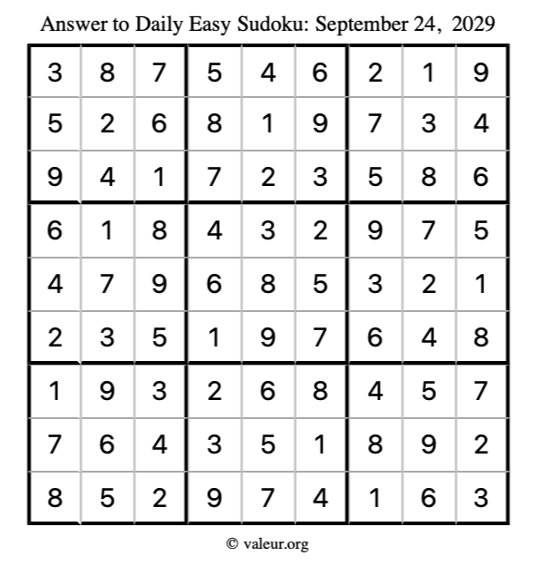 Answer to easy sudoku September 24, 2029