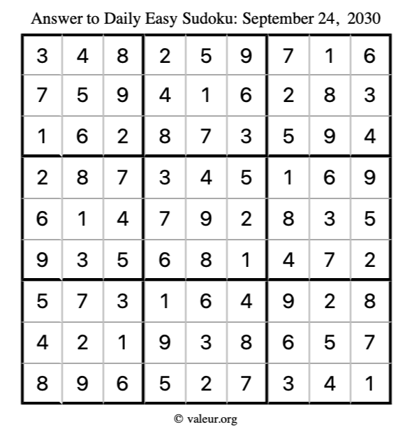 Answer to easy sudoku September 24, 2030