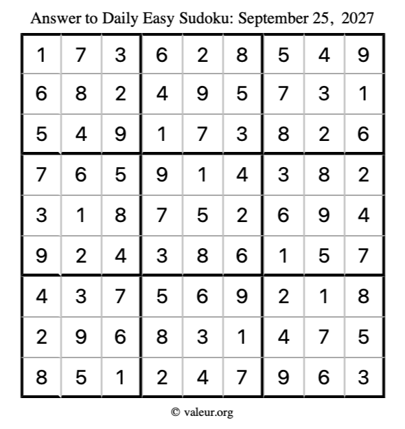 Answer to easy sudoku September 25, 2027