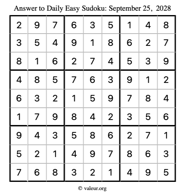 Answer to easy sudoku September 25, 2028