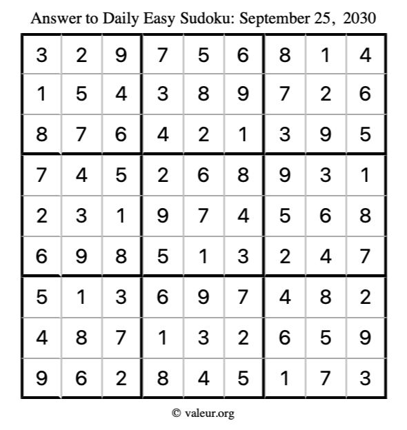 Answer to easy sudoku September 25, 2030