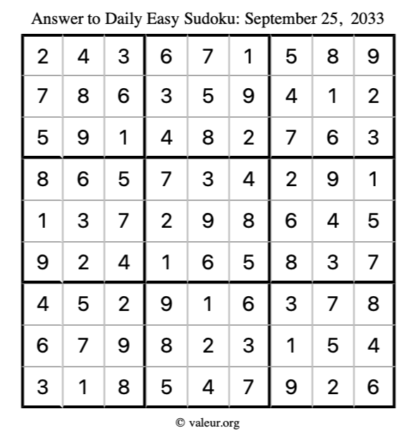 Answer to easy sudoku September 25, 2033
