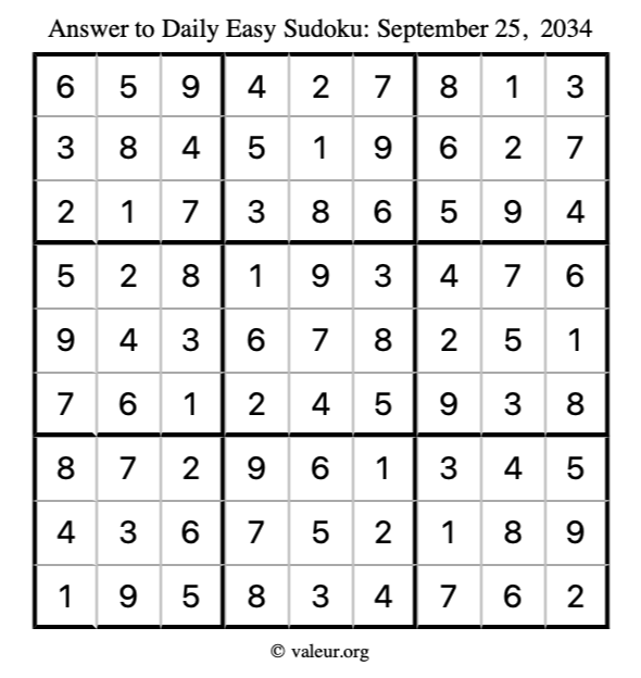 Answer to easy sudoku September 25, 2034