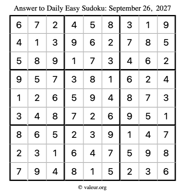 Answer to easy sudoku September 26, 2027
