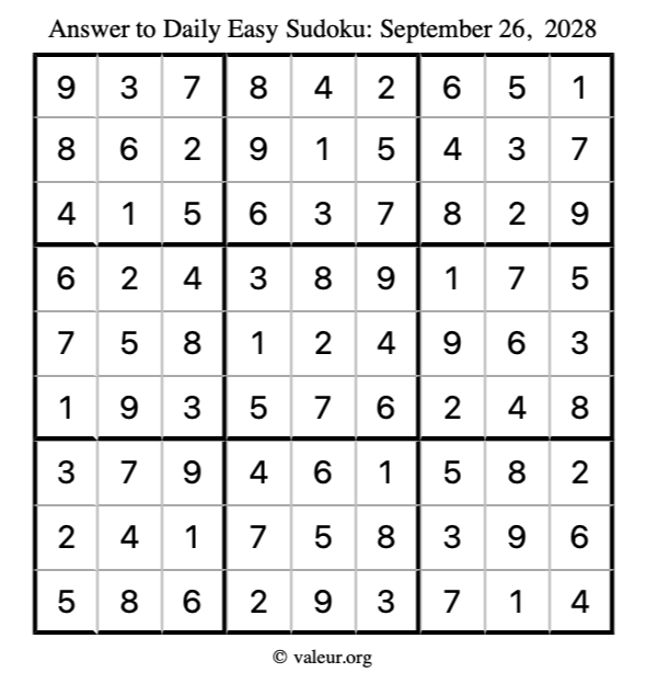 Answer to easy sudoku September 26, 2028