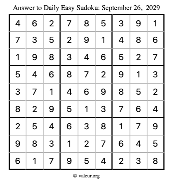 Answer to easy sudoku September 26, 2029