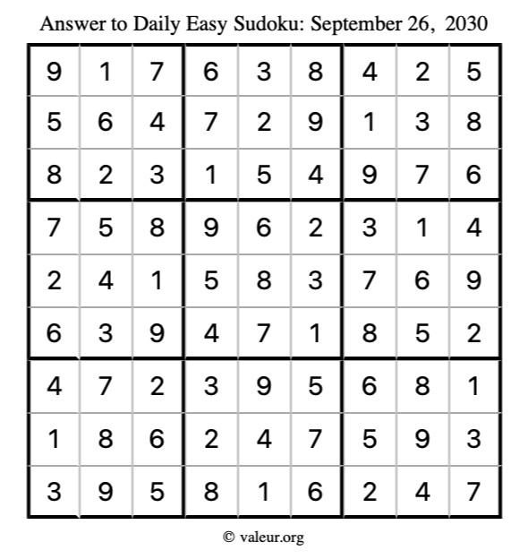 Answer to easy sudoku September 26, 2030