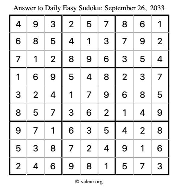 Answer to easy sudoku September 26, 2033