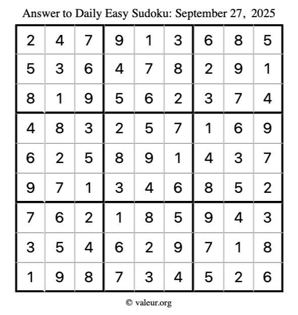 Answer to easy sudoku September 27, 2025