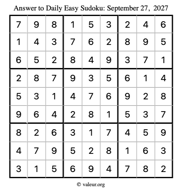 Answer to easy sudoku September 27, 2027