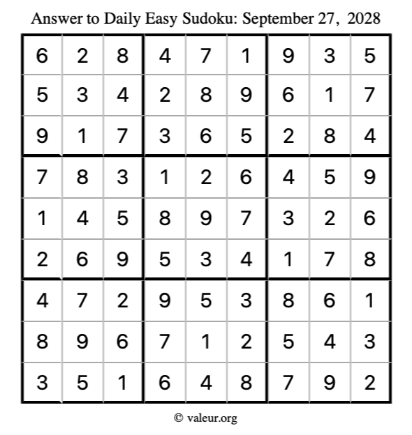 Answer to easy sudoku September 27, 2028
