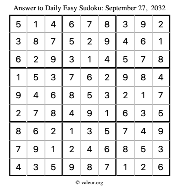 Answer to easy sudoku September 27, 2032