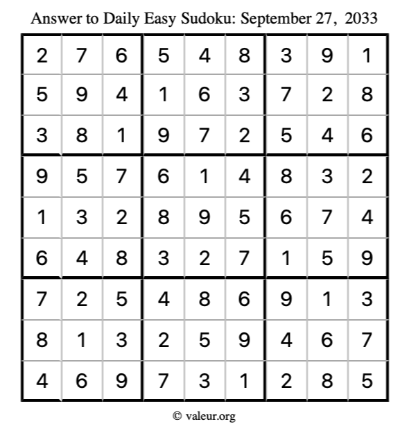 Answer to easy sudoku September 27, 2033