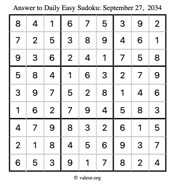 Answer to easy sudoku September 27, 2034