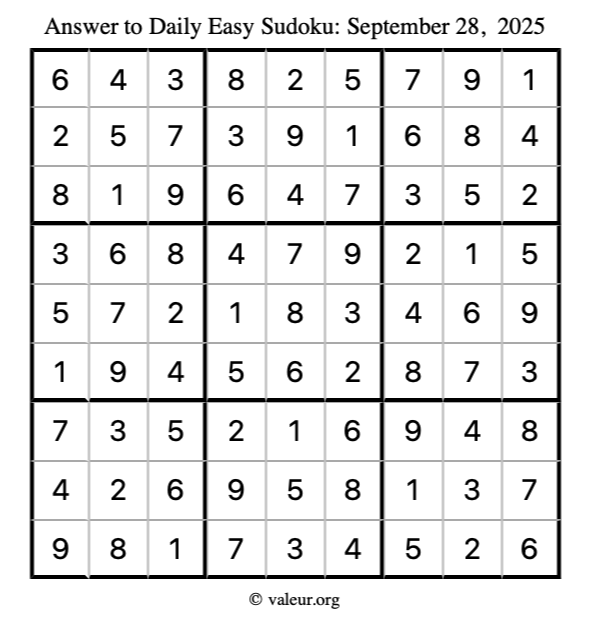 Answer to easy sudoku September 28, 2025