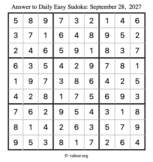Answer to easy sudoku September 28, 2027