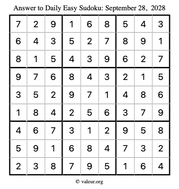 Answer to easy sudoku September 28, 2028