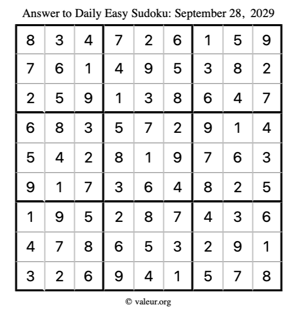 Answer to easy sudoku September 28, 2029