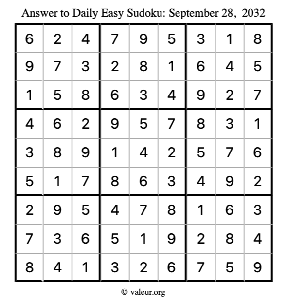 Answer to easy sudoku September 28, 2032