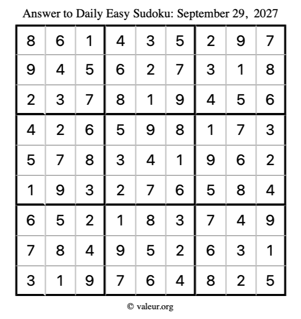 Answer to easy sudoku September 29, 2027