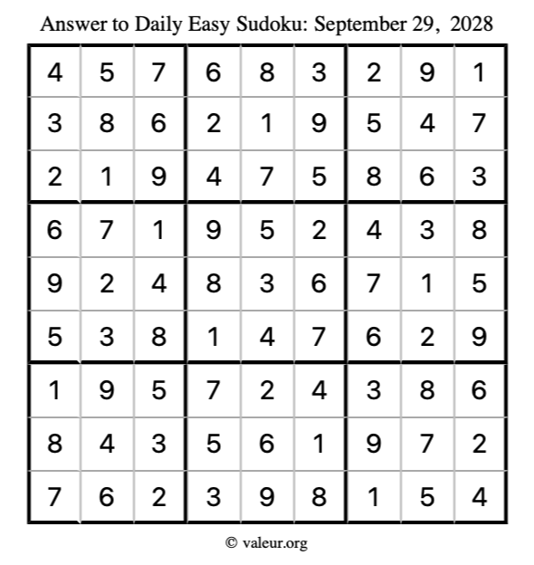 Answer to easy sudoku September 29, 2028