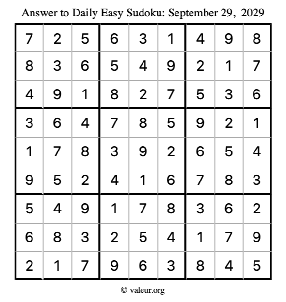 Answer to easy sudoku September 29, 2029