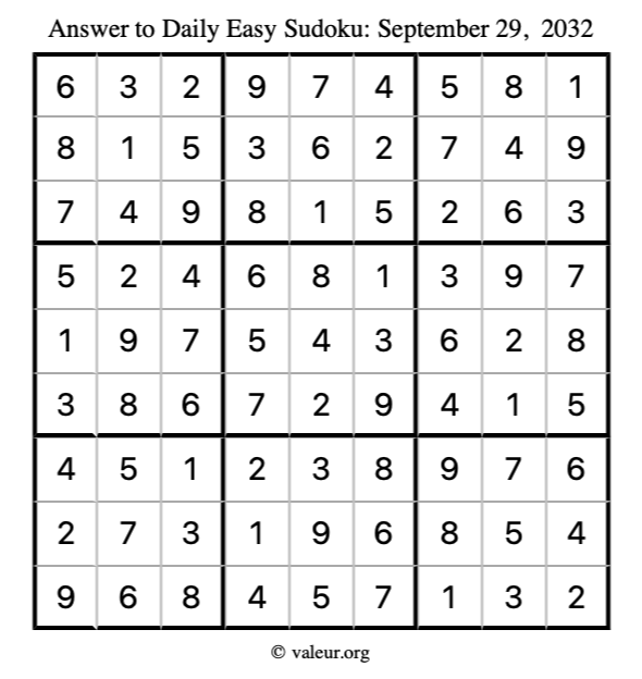 Answer to easy sudoku September 29, 2032