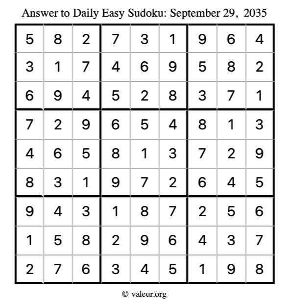 Answer to easy sudoku September 29, 2035