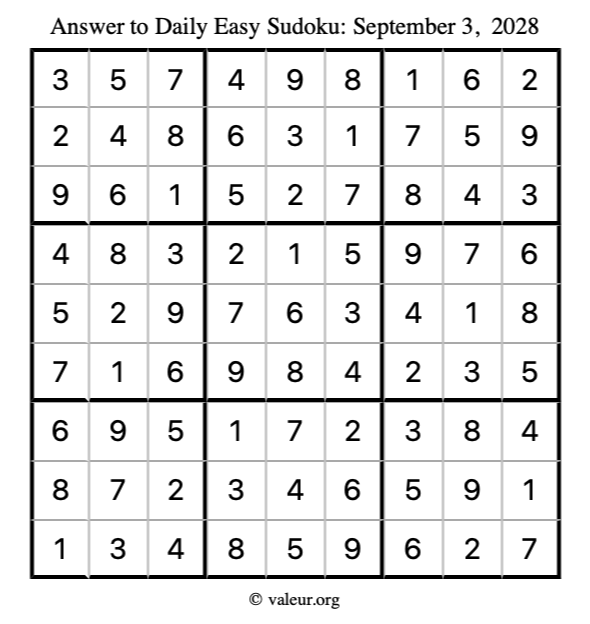 Answer to easy sudoku September 3, 2028