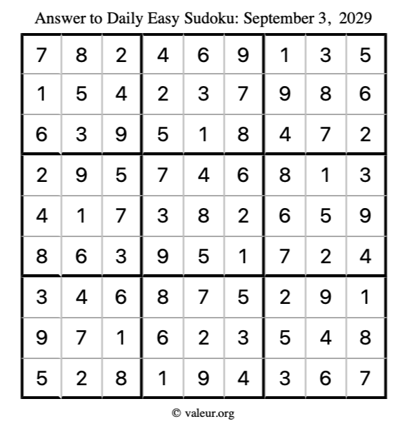 Answer to easy sudoku September 3, 2029