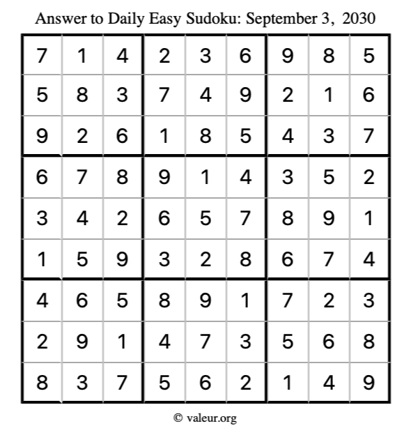 Answer to easy sudoku September 3, 2030