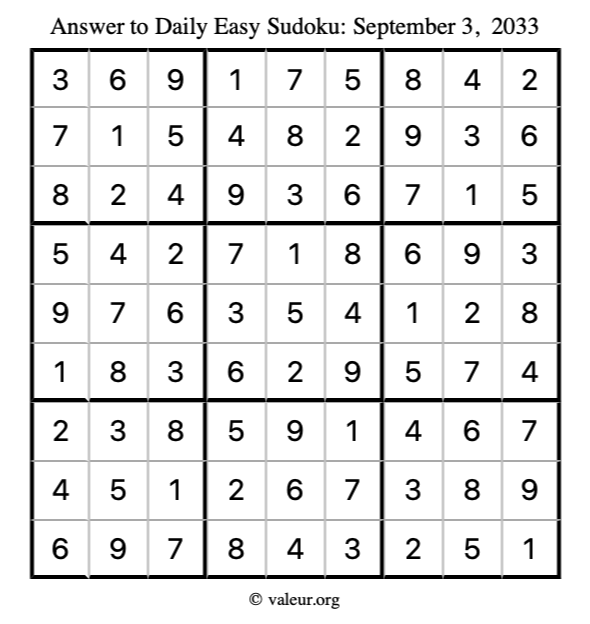 Answer to easy sudoku September 3, 2033