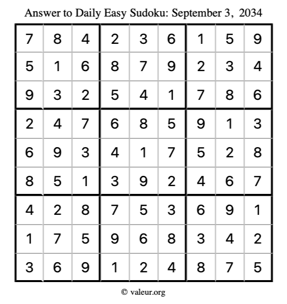Answer to easy sudoku September 3, 2034