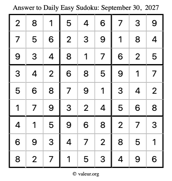 Answer to easy sudoku September 30, 2027
