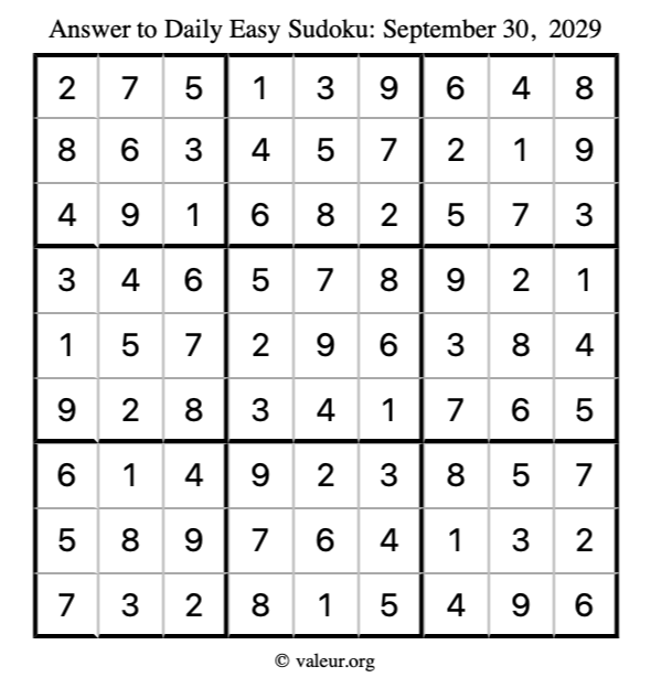 Answer to easy sudoku September 30, 2029