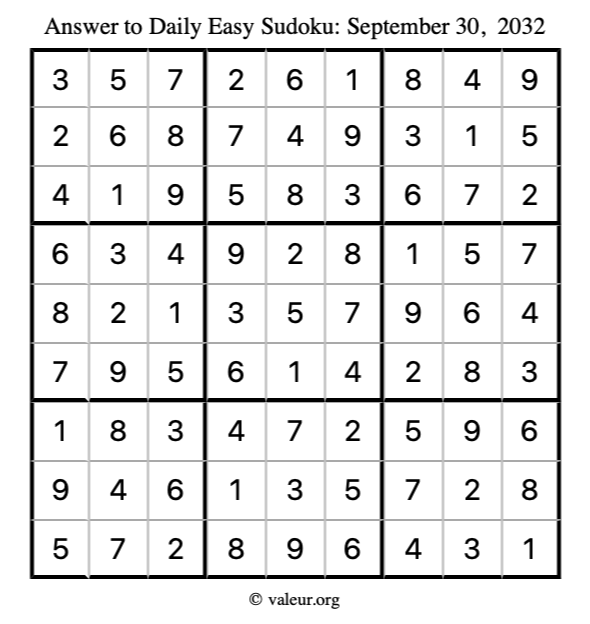Answer to easy sudoku September 30, 2032