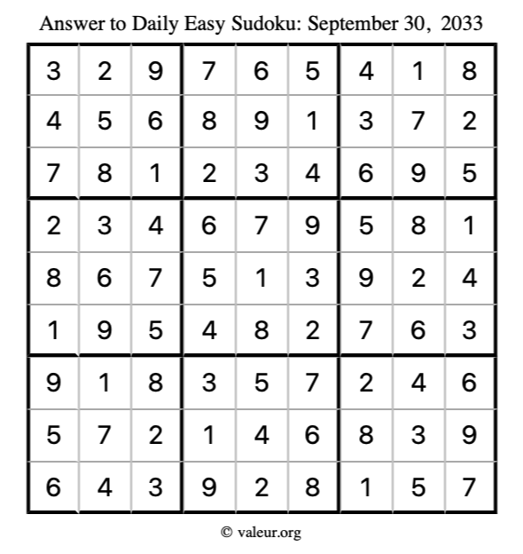 Answer to easy sudoku September 30, 2033