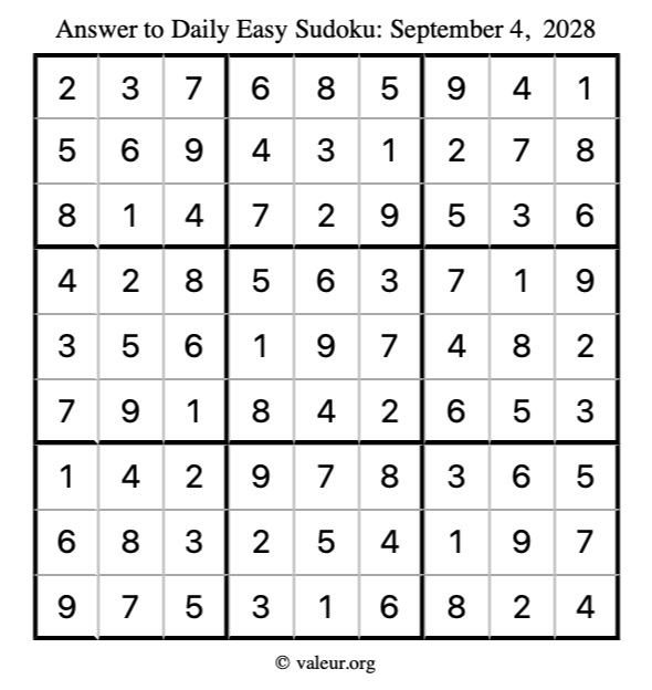 Answer to easy sudoku September 4, 2028